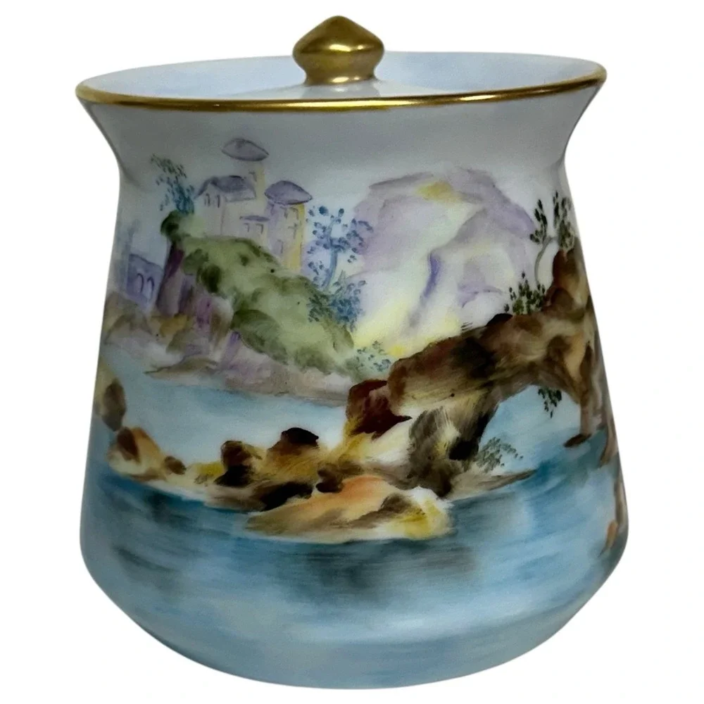 Kyusu‎ Japanese Teapot Hand Painted Signed Sansui Porcelain Fisherman Fuji VTG